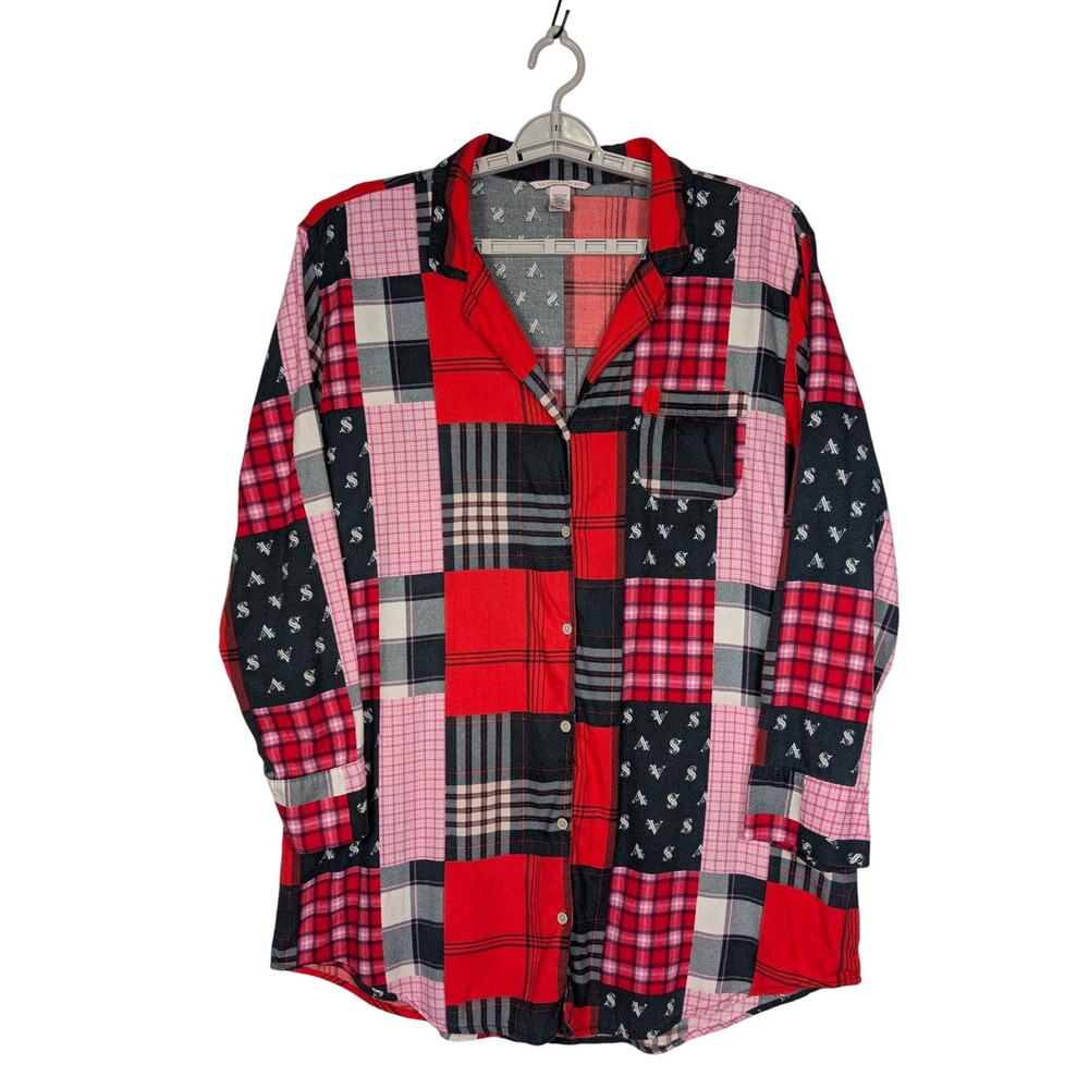 Victorias Secret‎ Sleep Shirt Large Red Patchwork Plaid Flannel Pajama Dorm Wear